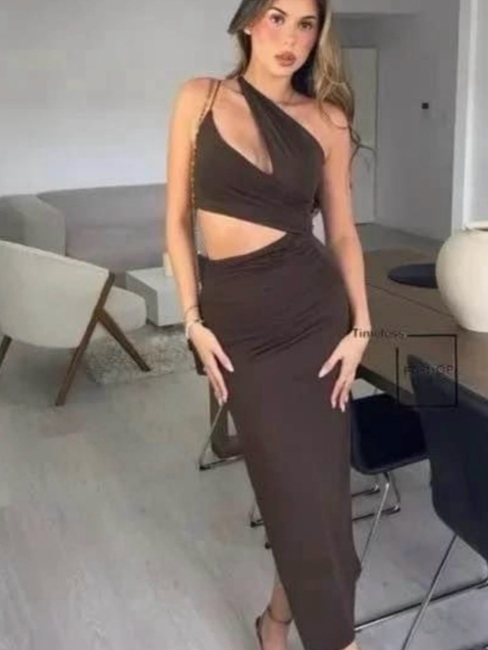 Zara One-Shoulder Cutout Maxi Dress — Brown